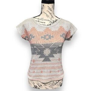Blu Planet Gray Tribal Knit Top Southwestern Aztec Boho Festival Shirt Sz Medium